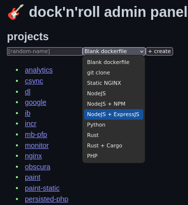 Dock’n’Roll’s admin interface, listing projects