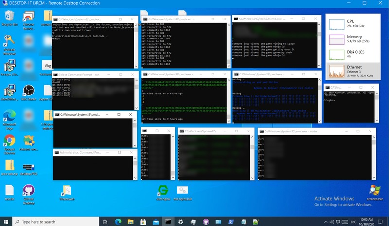 Screenshot of my server running Windows 10. cmd windows neatly tiled.