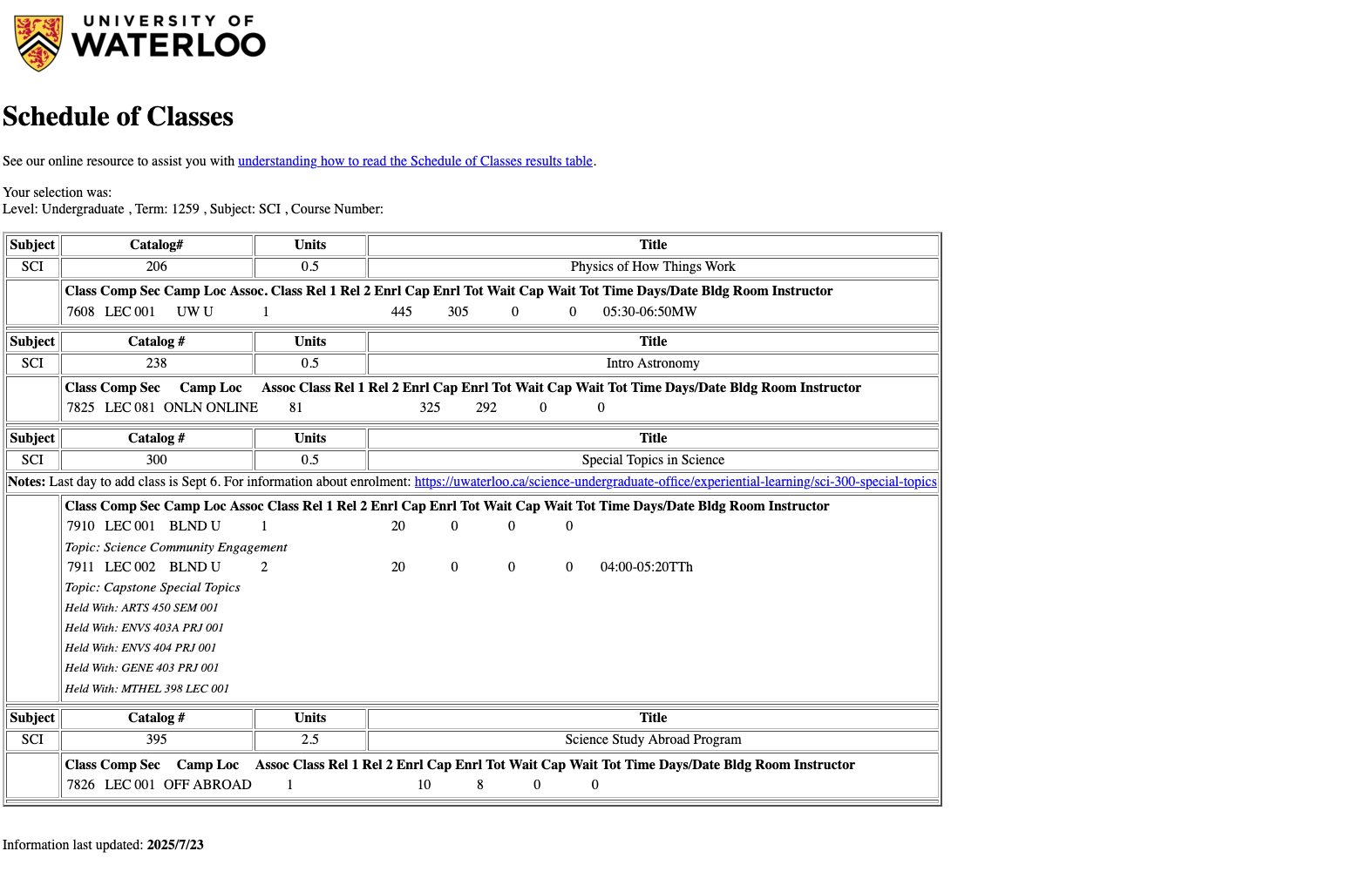 Waterloo's course schedule search results