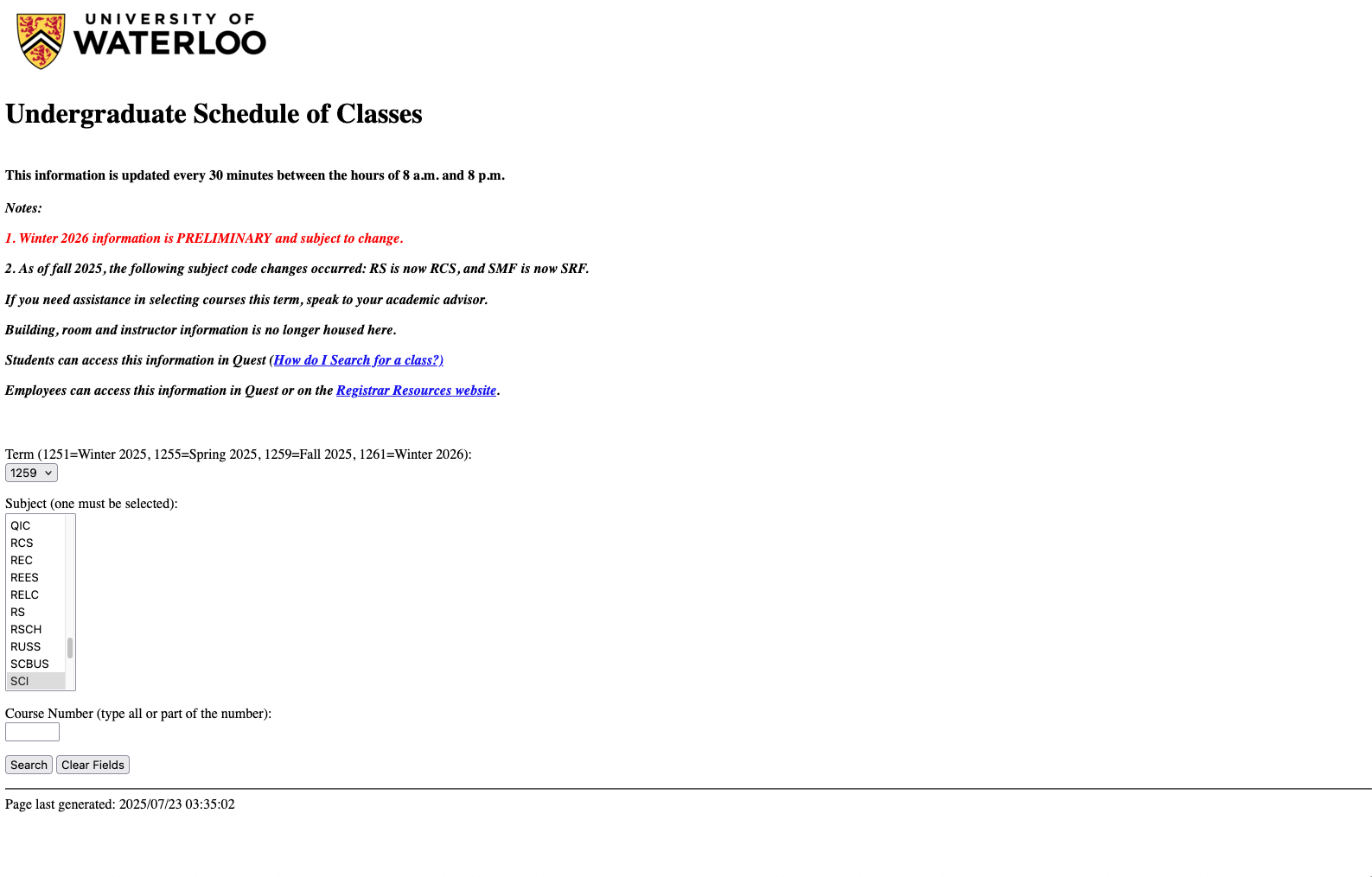 Waterloo's course schedule search homepage