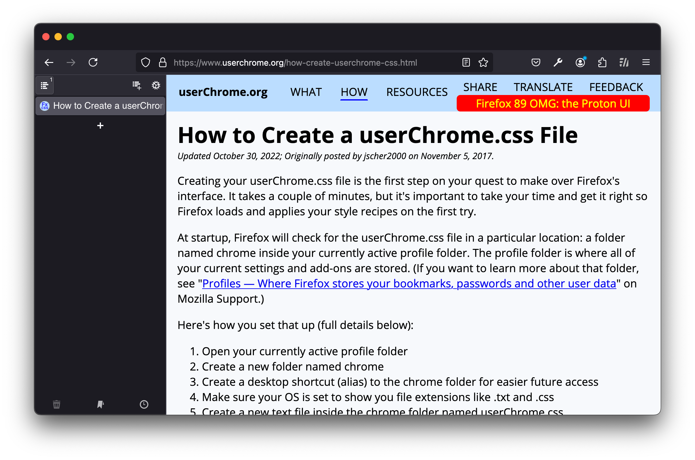 Firefox with sidebar header hidden