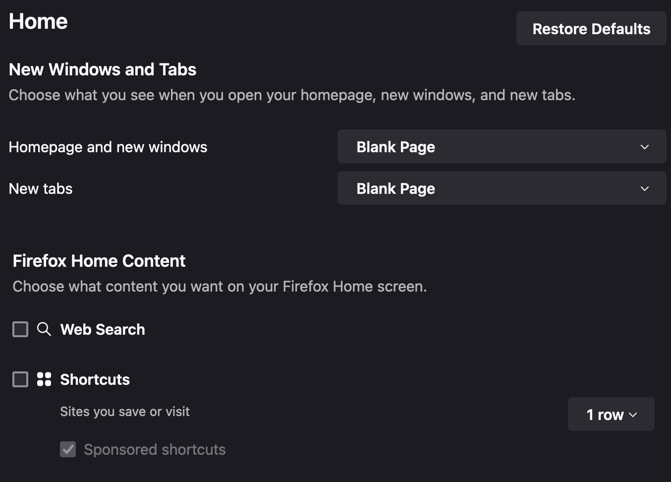 Firefox settings page